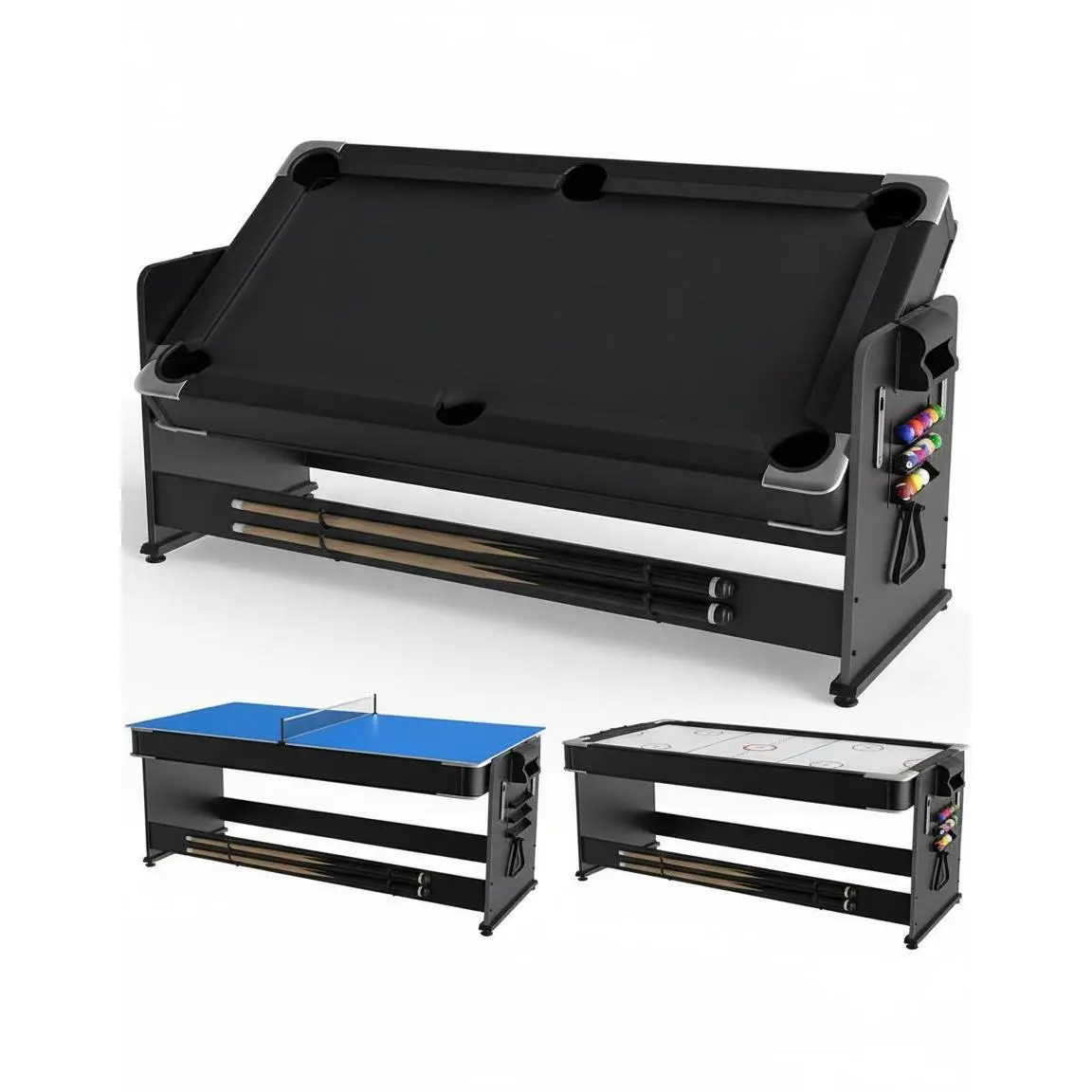7FT Rotating 3-in-1 Game Table - Convertible Air Hockey, Pool & Table Tennis with Built-in Storage Rack, Easy Flip Top