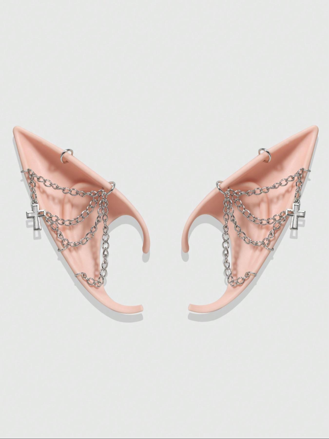 Punk Style Chain & Cross Decor Elf Ear, Fashionable Cosplay Accessories for Women & Girls, Trendy All-match & Exquisite Elf Ear for Cosplay, Party, Costume