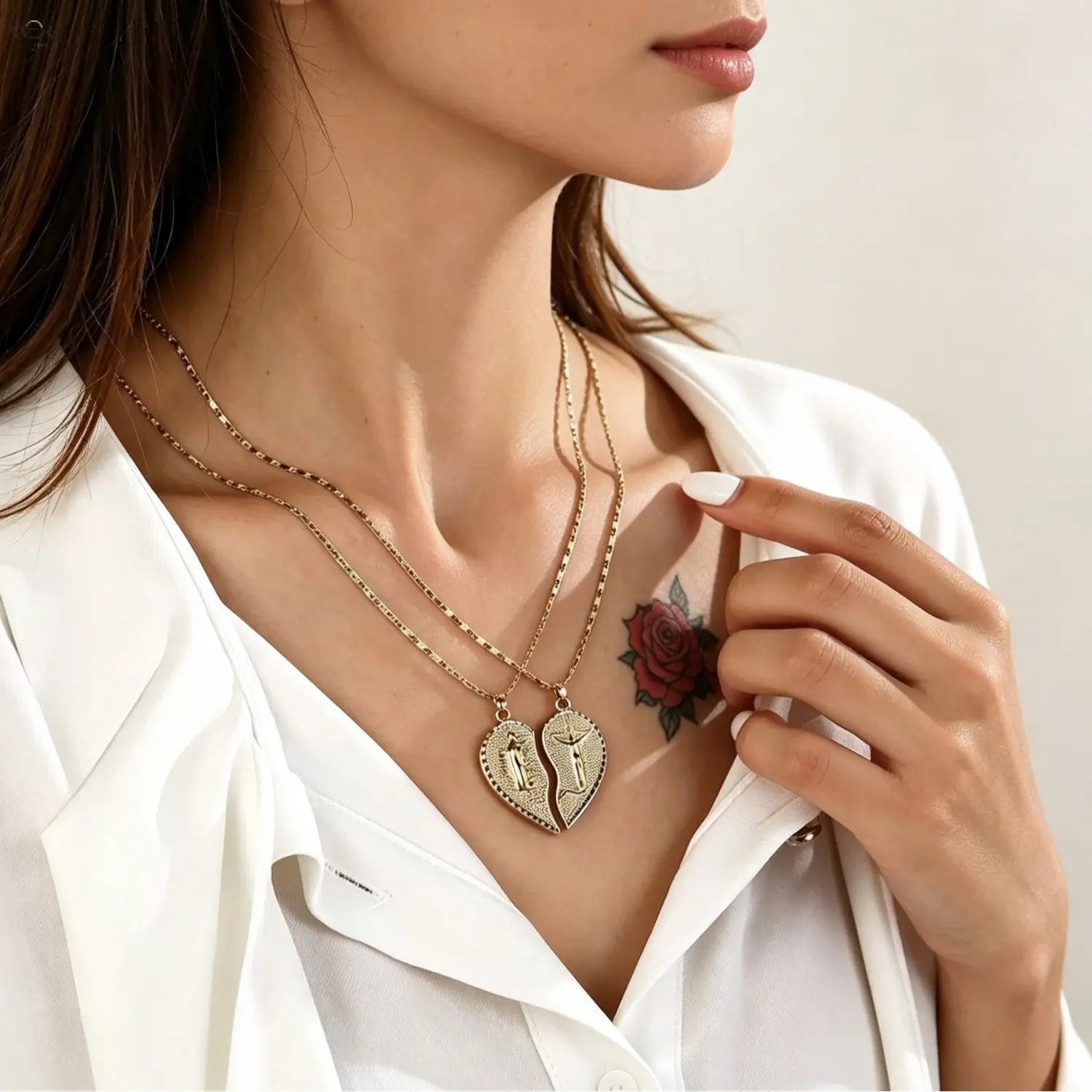 Religious Split Heart Couple Necklace Set, 2-Tone Gold & Silver Plated Alloy Pendants with Religious Motifs, Matching Faith Jewelry for Couples as Anniversary Gifts, Alloy Copper, Half-Heart Combo, Old Qian Feng, Textured Edges