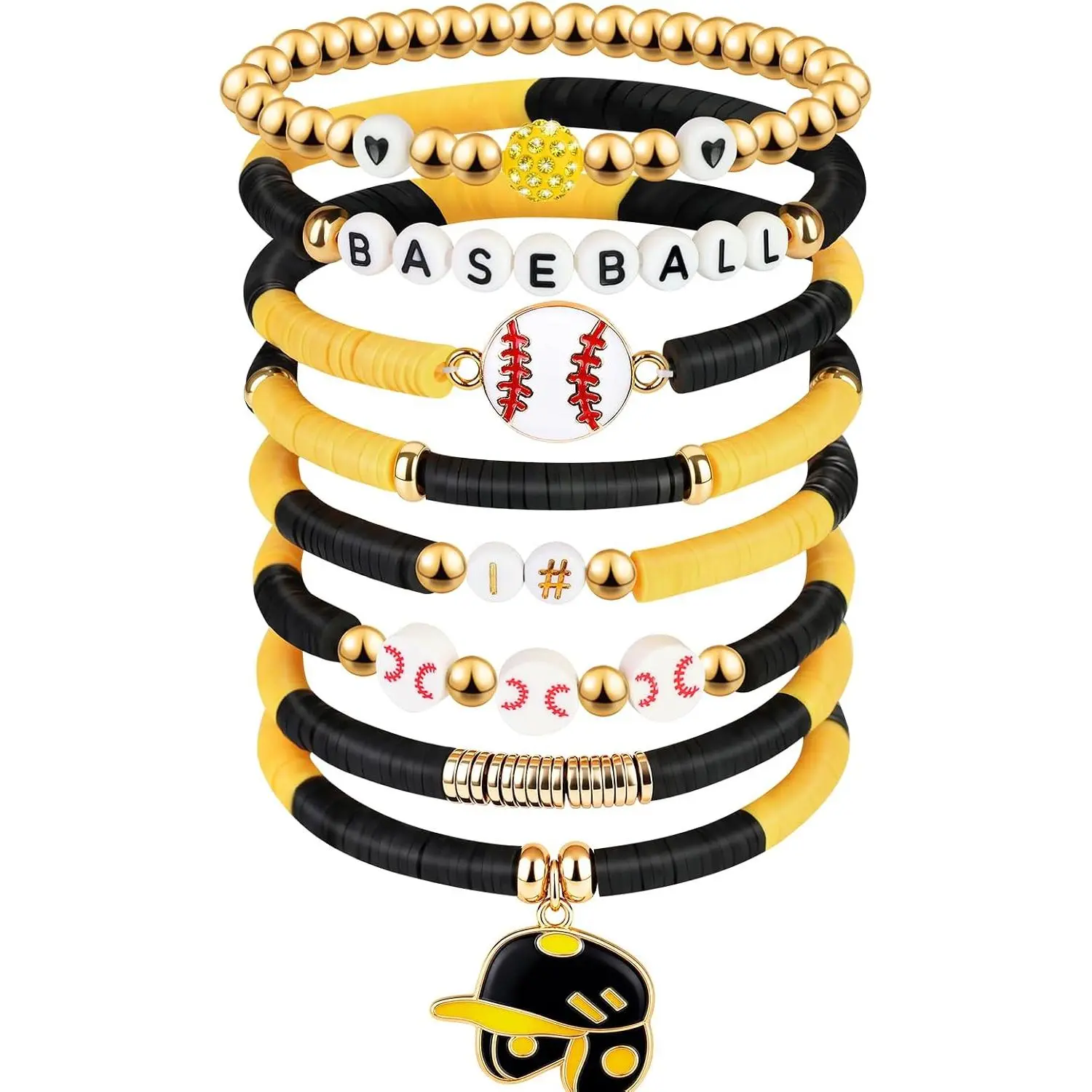 Modern Polymer Clay Bracelets, 8-Piece Baseball Theme Stackable Set, Nickel-Free Game Days Accessories for Women & Men with Beaded Pendants