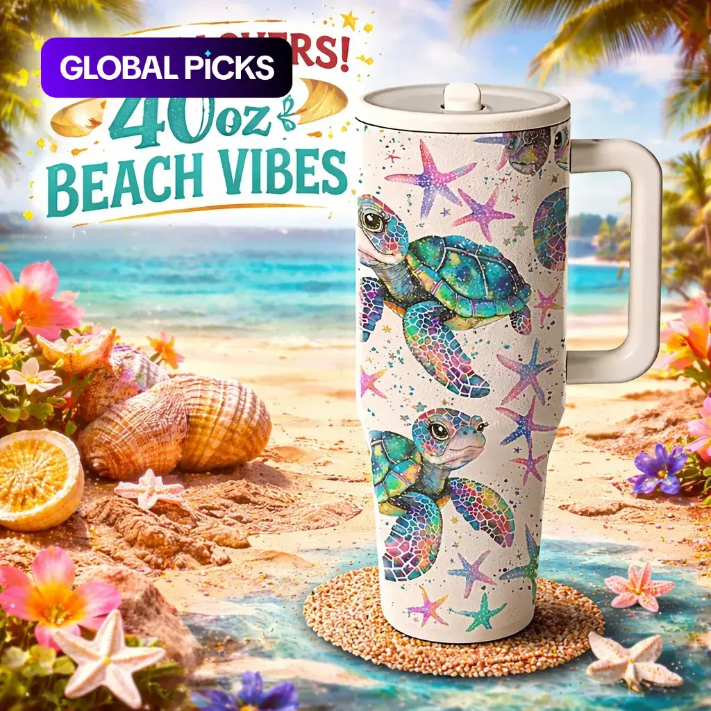 AuraCup 40oz Insulated Tumbler with Handle, Stainless Steel Vacuum Travel Mug, Insulated Flask, Sea Turtle Ocean Print, Large Capacity for Hot & Cold Drinks, Coffee Mug for Car Office Outdoor Use, with Lid and Straw, Insulated Water Cup, Drinkware