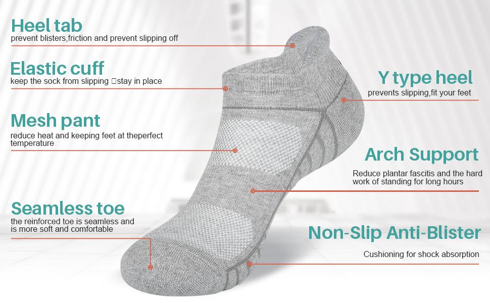 Athletic Running Ankle Socks, Low Cut Cushioned Anti-Blister Tab Sports Socks Men Women 6Pairs