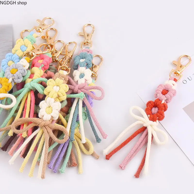 Hand‑Woven Flower Keychain Boho Macrame Floral Bag Charm With Bow Tassel Lobster Clasp Colorful Cotton Rope Pendant Cute Decor Accessory For Backpack Handbag Key Gift For Girls Women