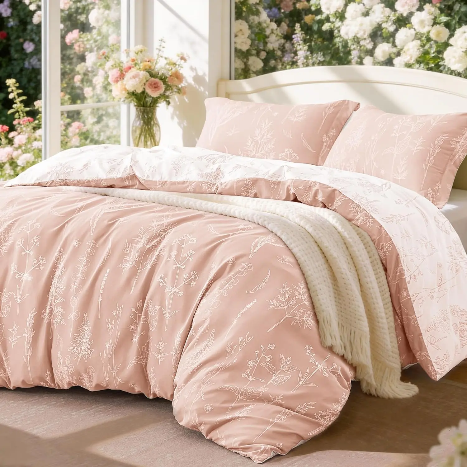 Pink Full Size Comforter Set - Full Comforter Set, 3 Pieces Cute Floral Bedding Sets for All,1 Soft Reversible Botanical Flowers Comforter and 2 Pillow Shams