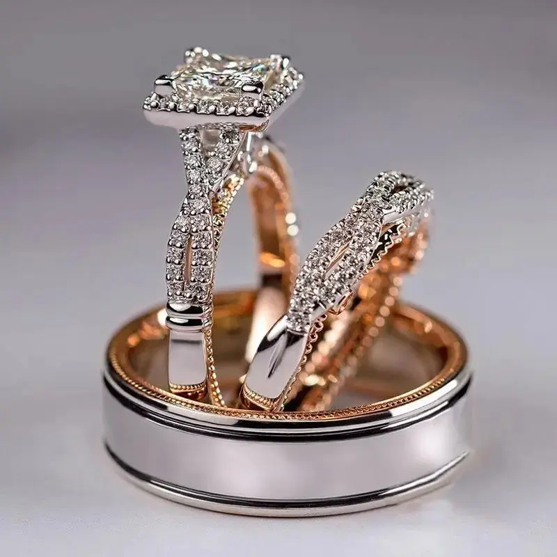 3‑Piece Bridal Ring Set For Women, Rose Gold‑Plated Cubic Zirconia Engagement Ring, Stackable Wedding Band Set, Sparkling Promise Ring For Wedding Anniversary Valentine’s Day Gift