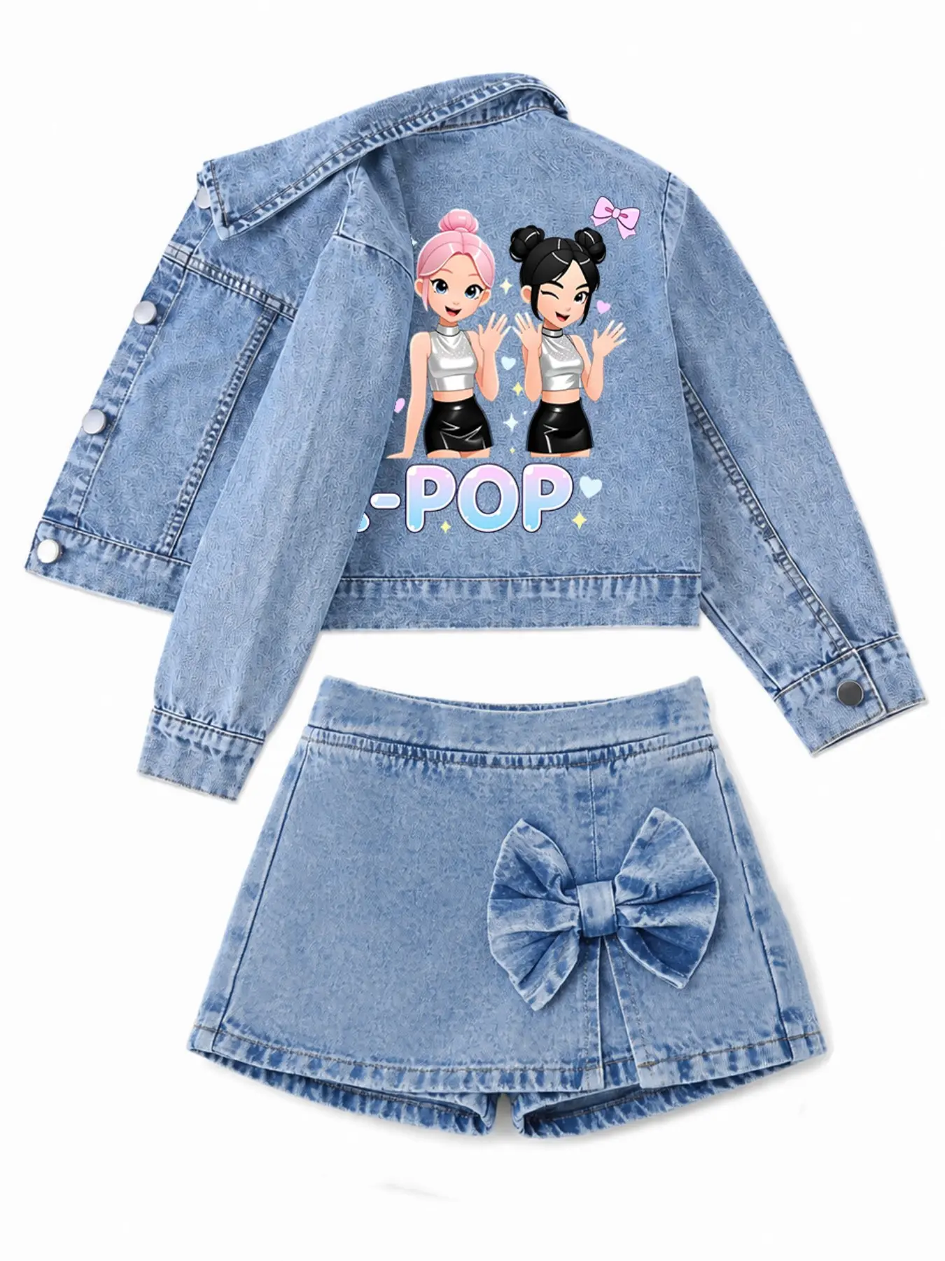 Girls' Anime Character Print Denim Set, Spring Fall Fashion Casual Simple Jacket and Skirt Set, Classic Trendy Versatile for Daily Wear