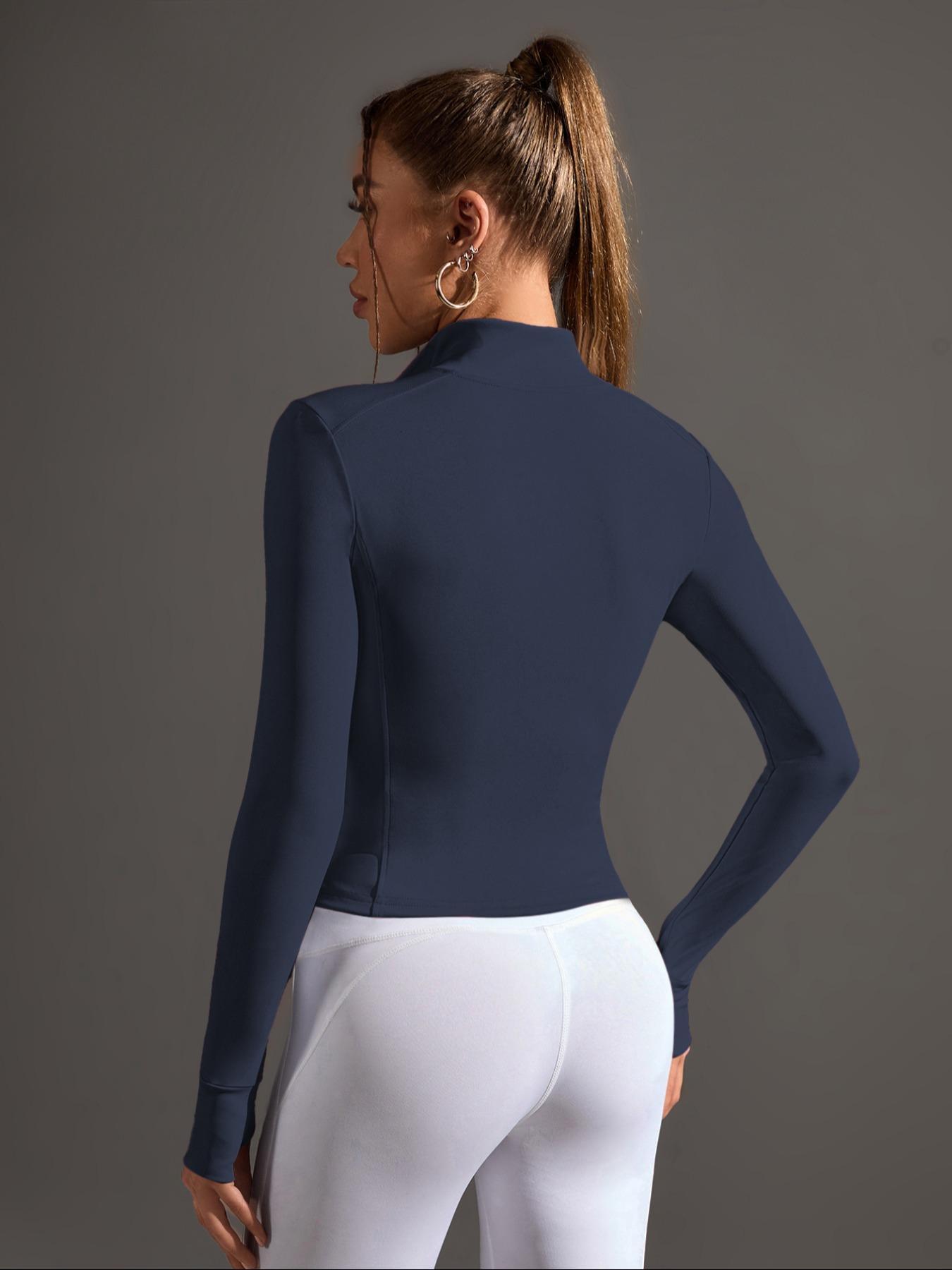 Women's Fashion Sport Jacket, Sporty Sports Outerwear, Workout Jackets, Stand Collar Design, Finger Gloves Included, Zippered Waist Hidden Curve, Yoga Running Fitness Casual Top