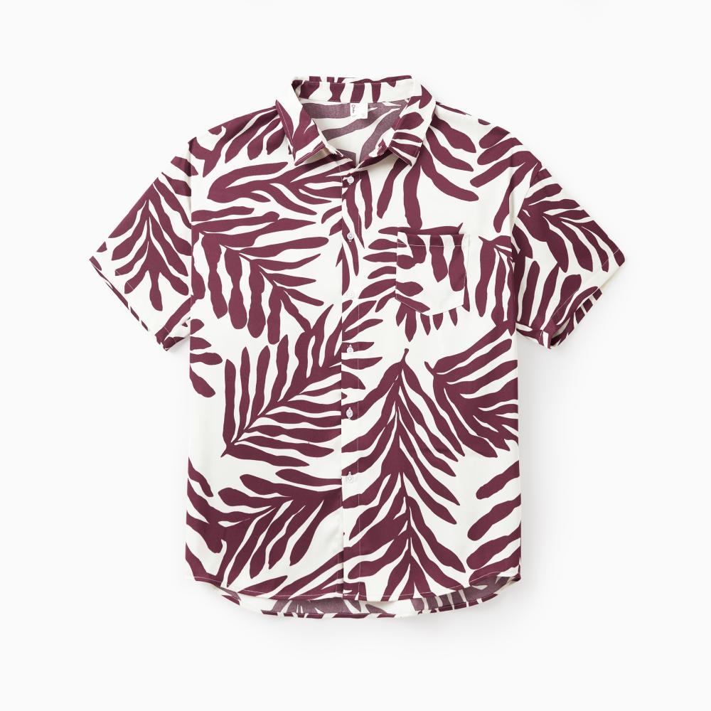 PatPat Family Matching Outfits Red Leaf Print Shirts and Strap Belted Dress for Hawaii/Cruise/Resort/Casual Wear