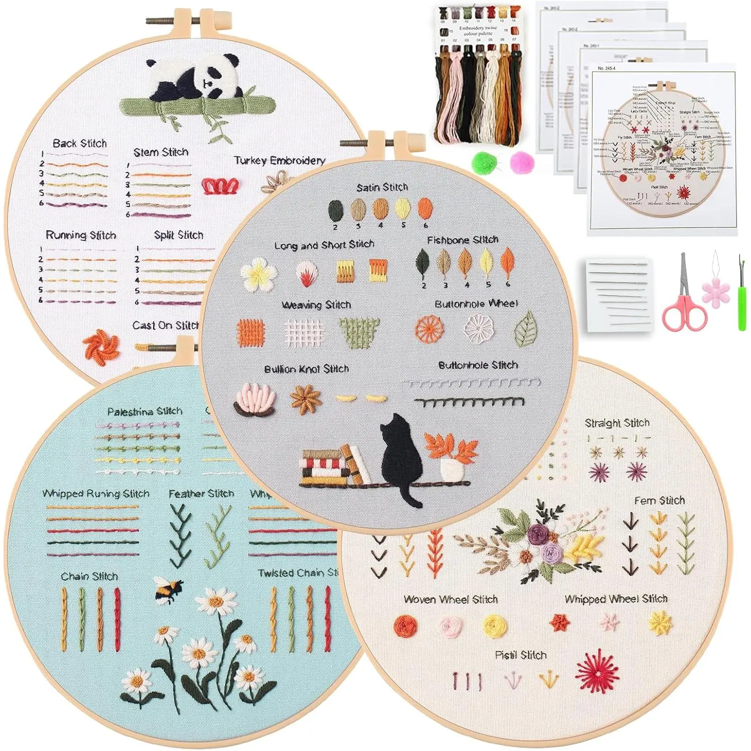 4 Pack Beginner Embroidery Kit for Adults, Learn Stitches with Pre-Stamped Patterns, Step-by-Step Guide & Video, 7.8" Hoop, Threads & , DIY Needlework Craft  for Women