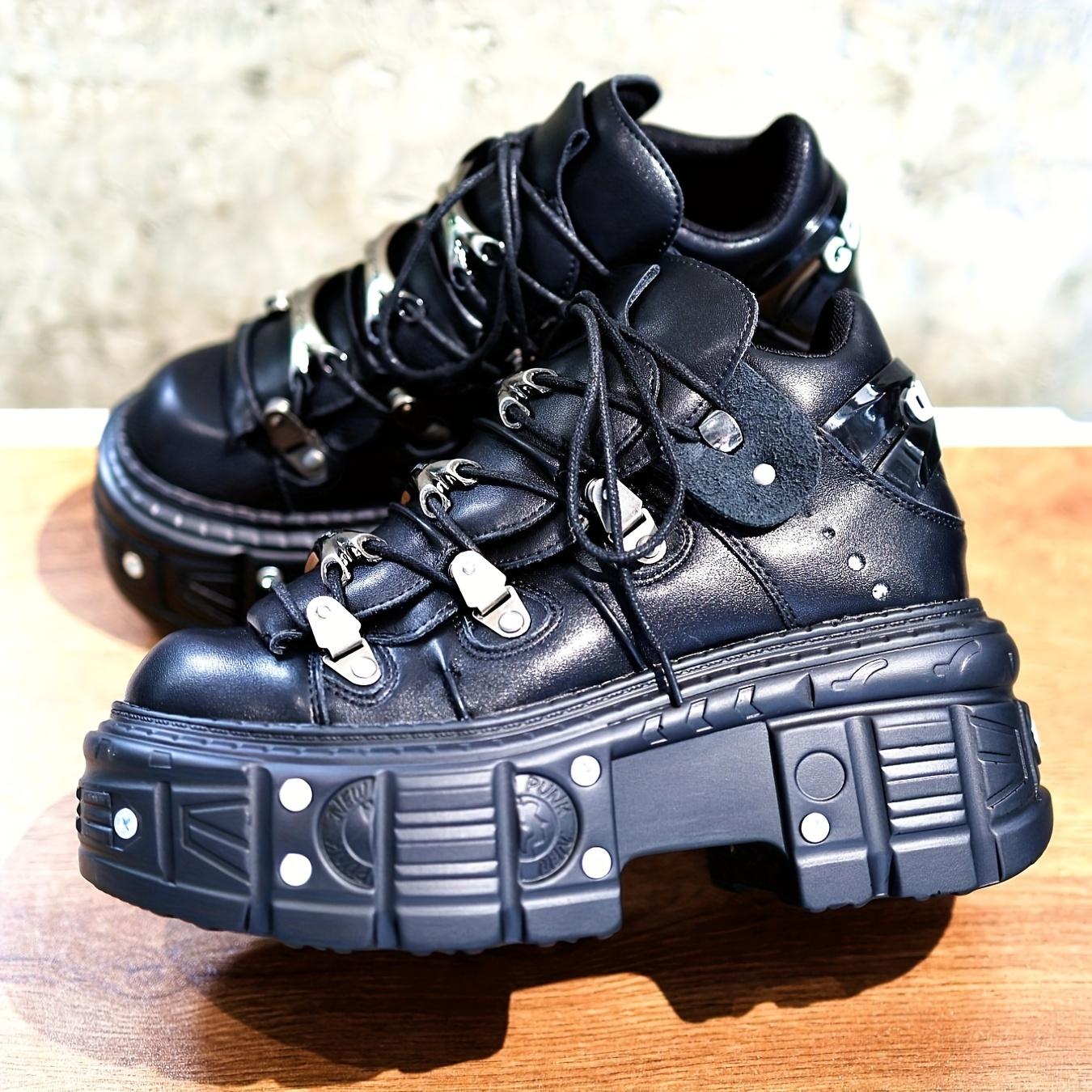 [Punk Combat Sneakers] Punk Combat Sneakers Women's |   Platform Metallic Decor Rock Gothic Y2K Boots |   Black High Thick Sole Cross Tied Rivets Flats