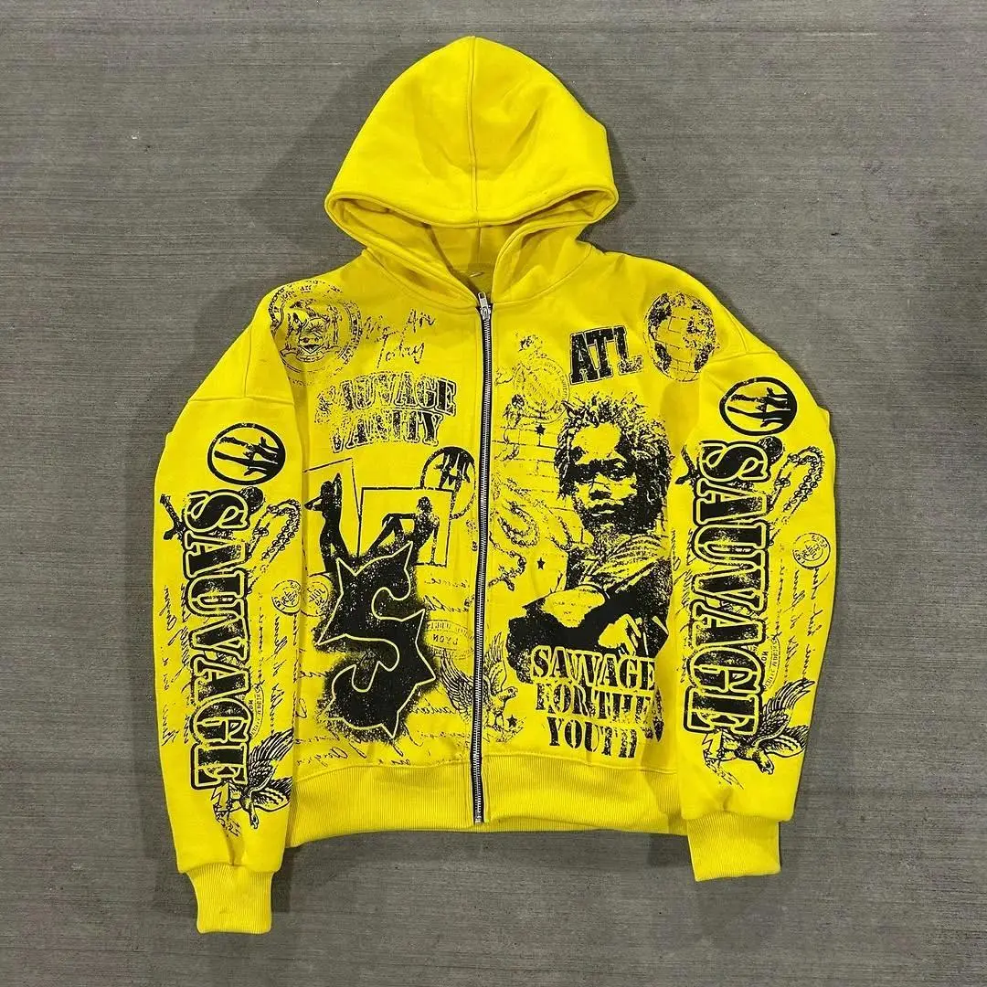 Y2k Yellow Fashion Print Zip Up Hoodies New Harajuku Hip Hop Long Sleeve Coats Loose Hooded Sweatshirt Men and Women Streetwear