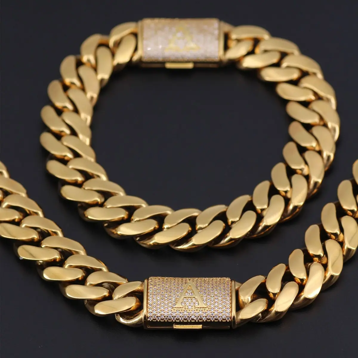 26 English Letters Flip Buckle Men's Necklace Gold-plated 18K Gold Stainless Steel Thick Thickened Cuban Chain