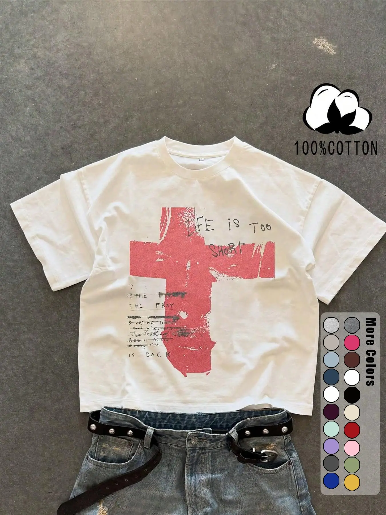 Unisex 100% Cotton Short Sleeve T-Shirt, Cross Graffiti Print, Y2K Dark Gothic Street Style, Streetwear, Casual Daily Wear, Loose-Fitting, Relaxed Fit, Long Length, Aesthetic