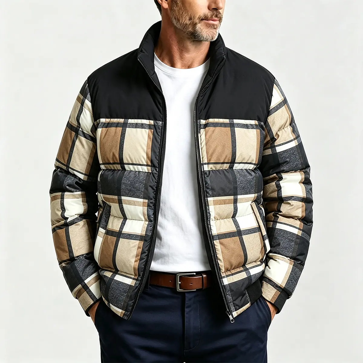Men's Zip-Up Long Sleeve Menswear Tops - Foldable Color Block Plaid Print Stand Collar Polyester Puffer Jacket, Rib Cuffs Quilted Warm Outerwear for Urban Daily Casual Winter