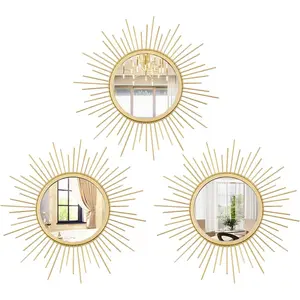 3 Set Sunburst Mirrors for Wall Decor Living Room Bedroom Bathroom Dining Room Metal Boho Sunburst Wall Mirror Set  Metal  Circle Art Pack -  11.8 in