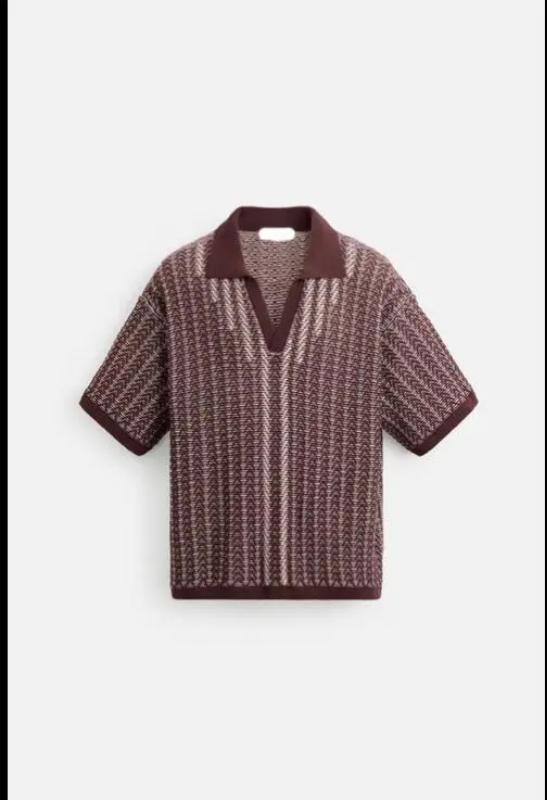 Kyn Apparel Men Brown Chevron Knit Polo Shirt Short Sleeve Loose Fit Retro Casual Textured Contrast Collar Top