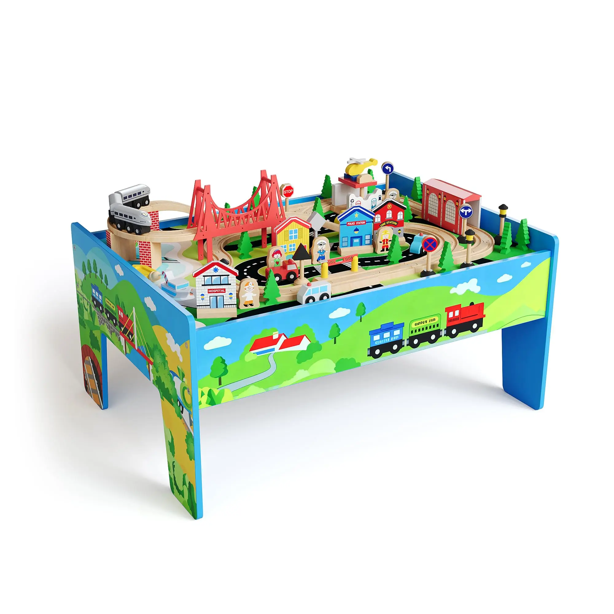 Wooden Kids Activity Table with Reversible Top, 84Pcs Train Track Playset, Multipurpose Toy Play Table with Storage Drawer – Natural Finish