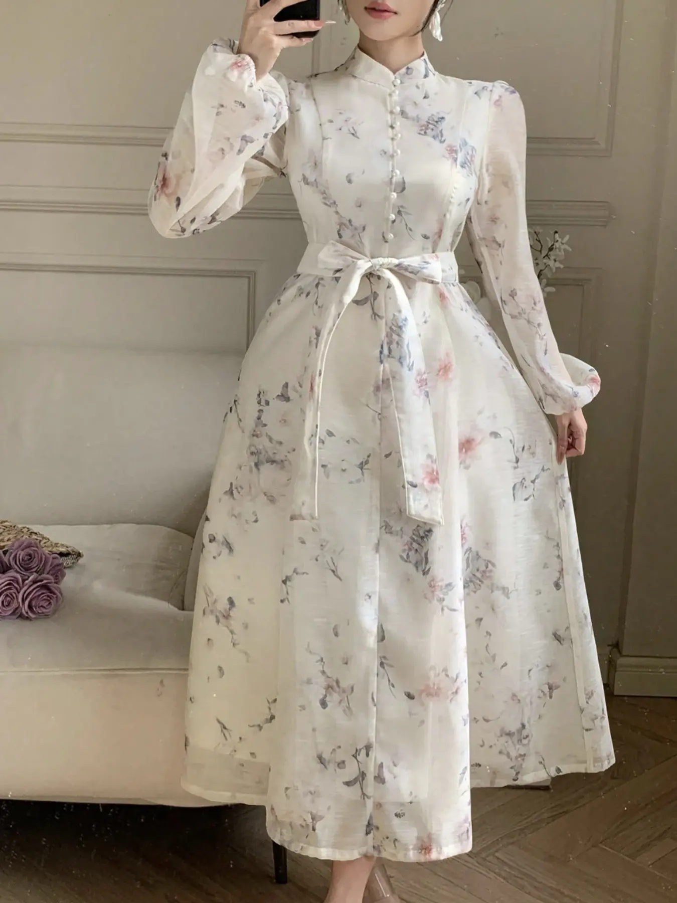 New Traditional Mandarin Collar Ditsy Floral Dress, Aesthetic Long Sleeve Waist Cinch Tie Belt A-Line Maxi Dress, Gentle National Style Elegant Chic Dress
