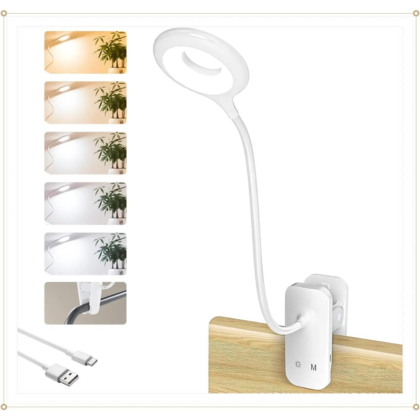Rechargeable Clip on Reading Light for Bed Headboard, White, 1 Pack | Battery Clamp Bunk Bed Light, 5 Colors 5 Brightness Flexible Neck Desk Lamp, Flicker-Free Touch Control Kids Book Light