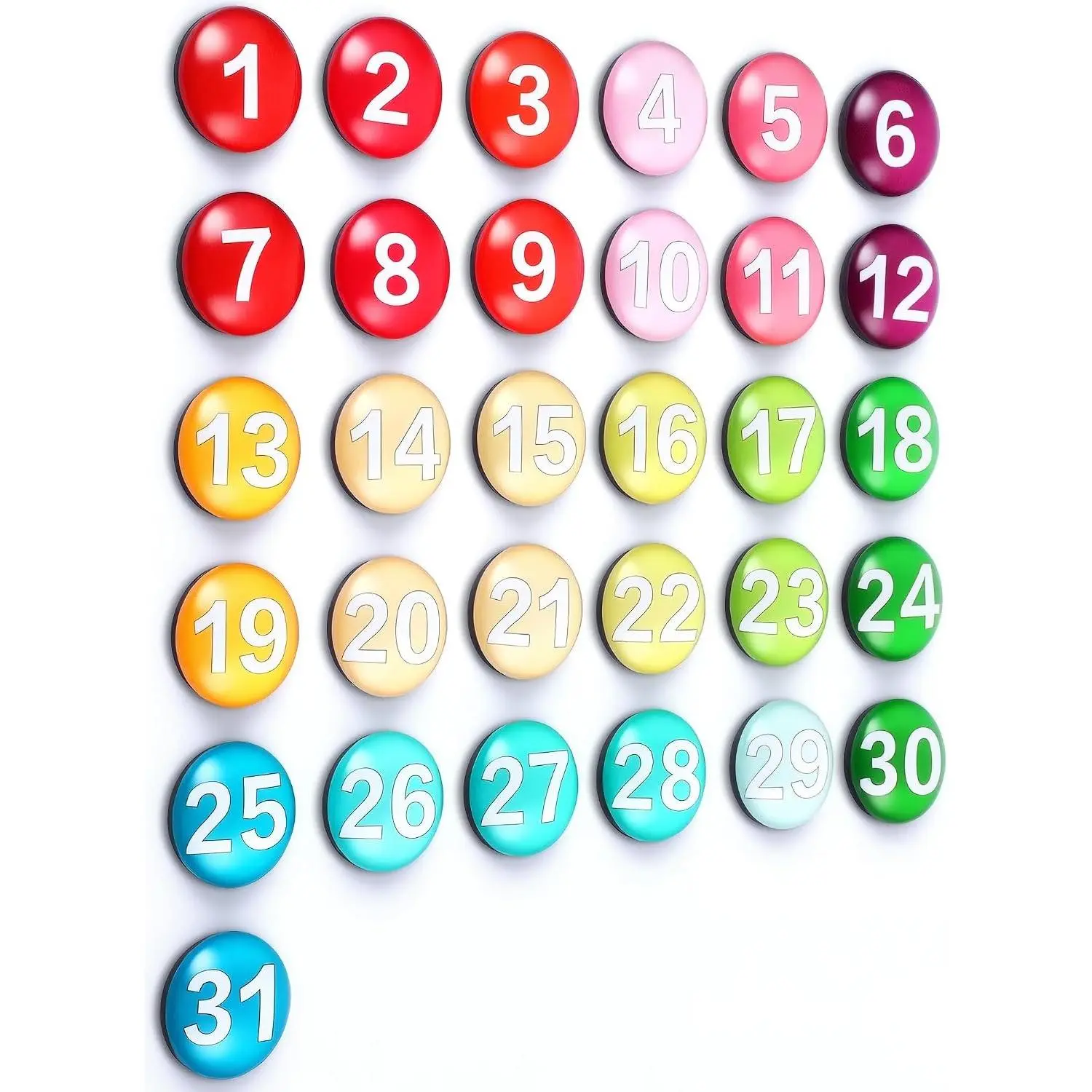 1-31 Magnetic Numbers Colored Glass Calendar Magnets for Whiteboard Dry Erase Board Fridge Schedule Refrigerator - Dark Color 1.38 Inch Numbered Magnets