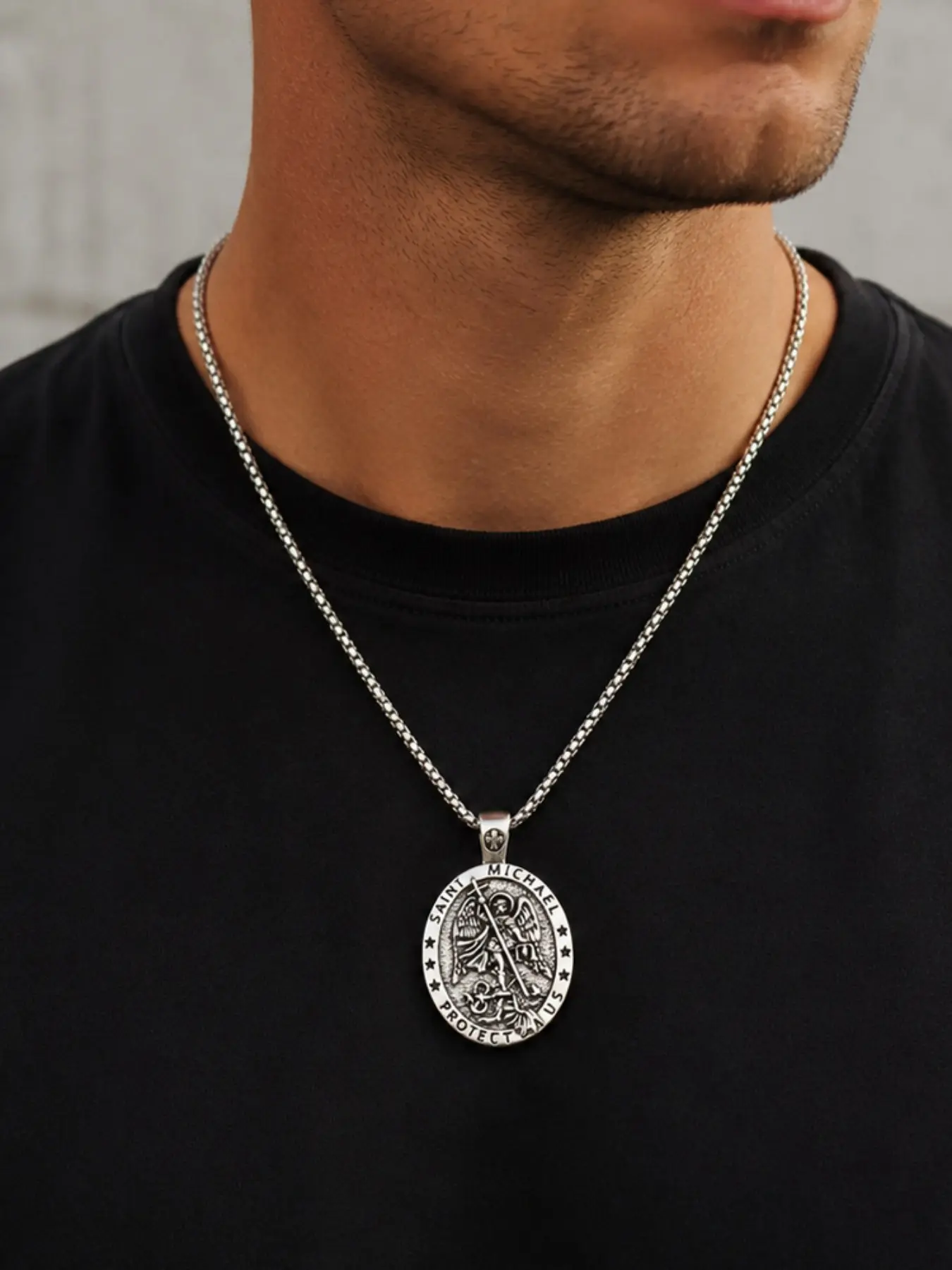 Saint Michael Guardian Angel Faith Pendant Necklace, Relief Archangel Michael Statue, Unisex Vintage Chain, Daily Prayer Protection Jewelry
