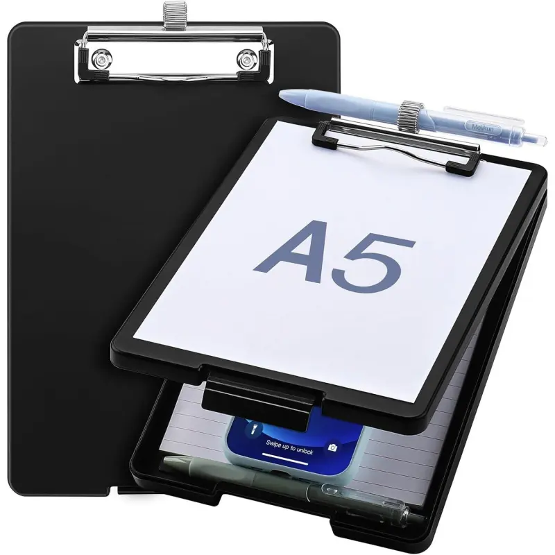 Small Clipboard with Storage, A5 Clipboards with Pen Holder, Half Letter Clip Boards 6x9 Mini Plastic Clipboard with Low Profile Clip for Classroom, School, Office Supplies (Black)