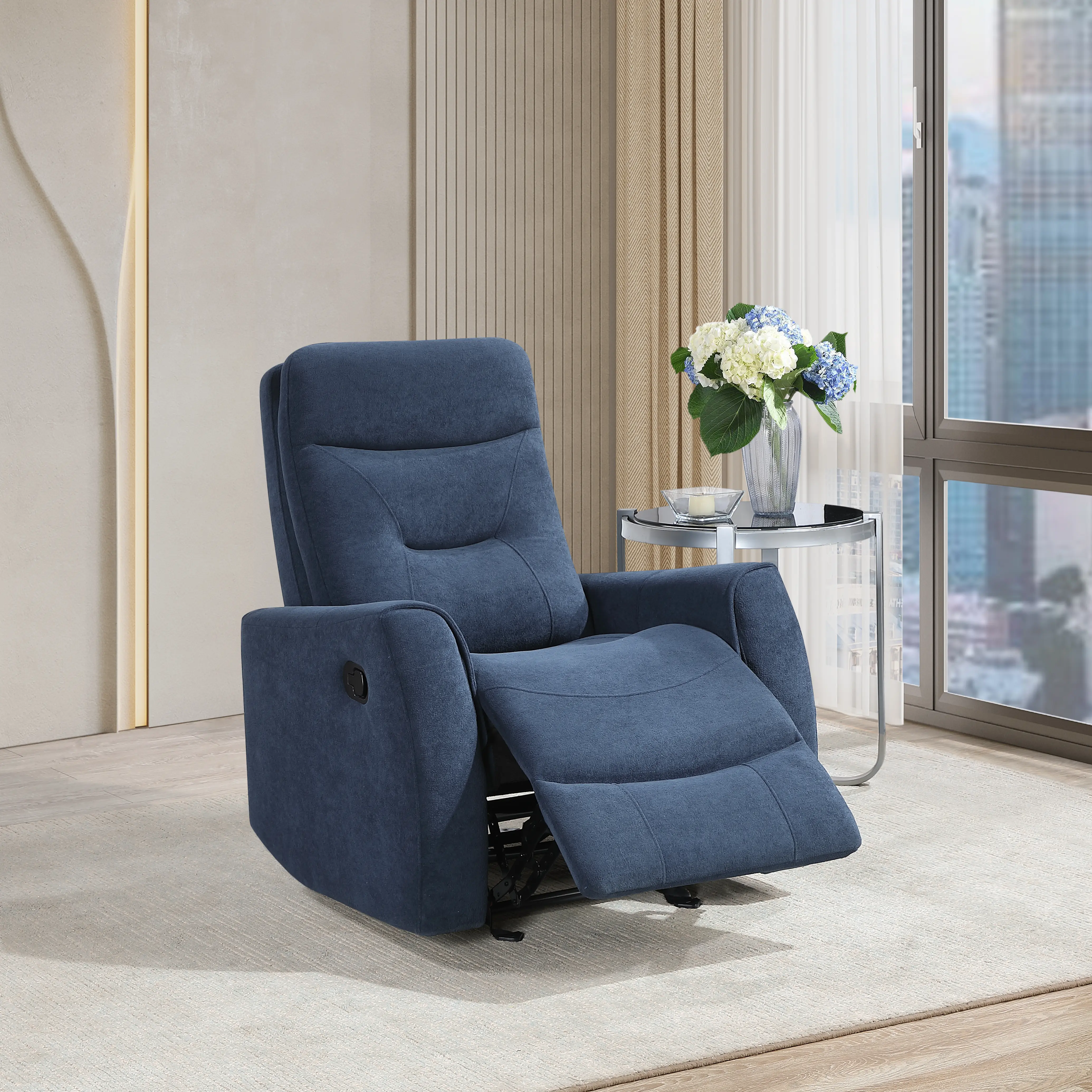 Nokaa Paterson Swivel Recliner Chair – Blue Fabric Upholstered Single Seat Living Room Armchair with 360-Degree Swivel and Recline, Compact Home Theater Seating for Relaxation, Reading, and TV, Multiple Options Available