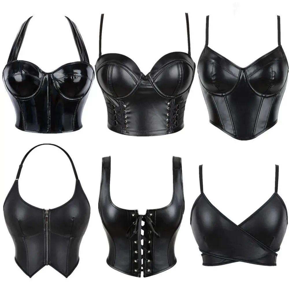 Women Pu Leather Corset Top Crop Bustier Gothic Punk Bra Push Up Bodice Corselet Party Short Camis Plus Size Black