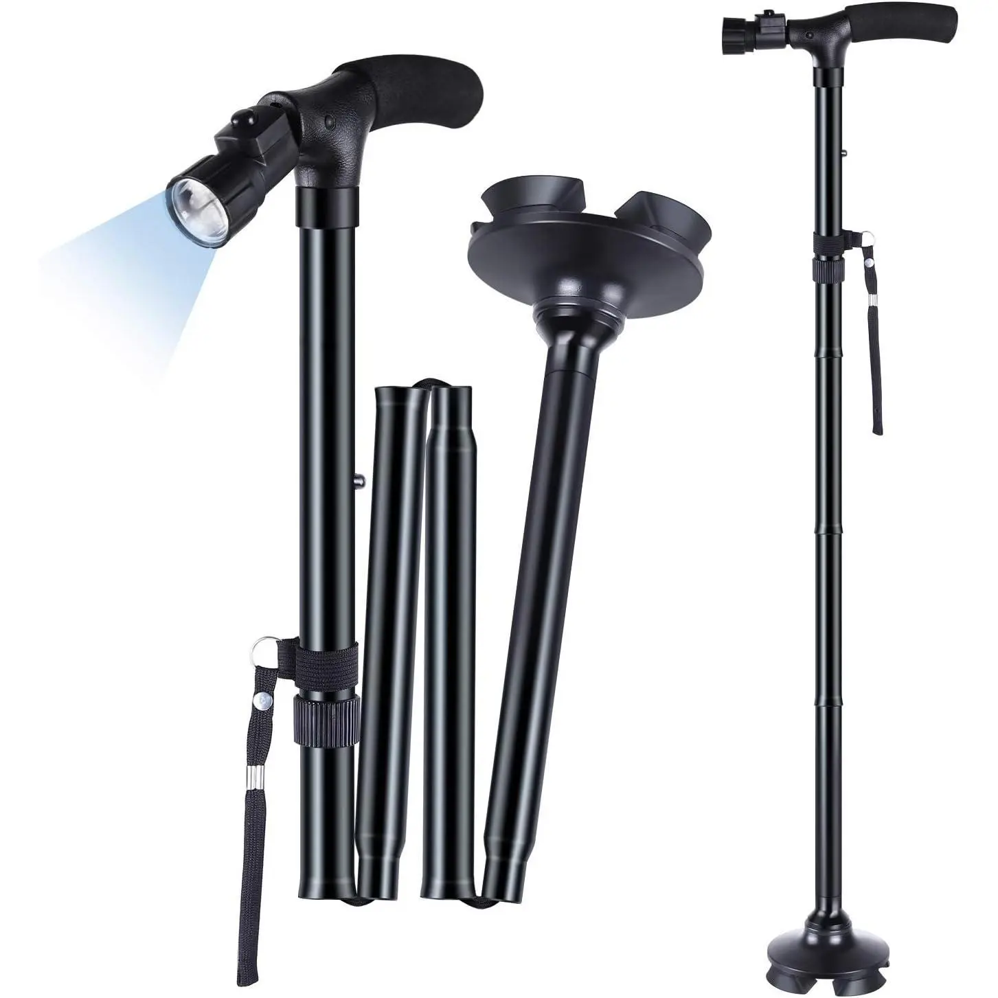 Walking Cane for Men and Women LED Light Folding Adjustable Free Standing with Wrist Strap for Seniors Adults