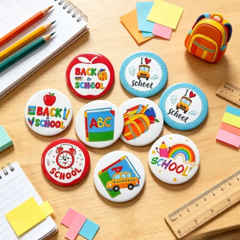 16Pcs Back to School & Birthday Theme Pin Button Badges Set - Colorful Tinplate Brooch Pins for Kids, Graduation, Construction Party Favors, Book Bags & Photo Props