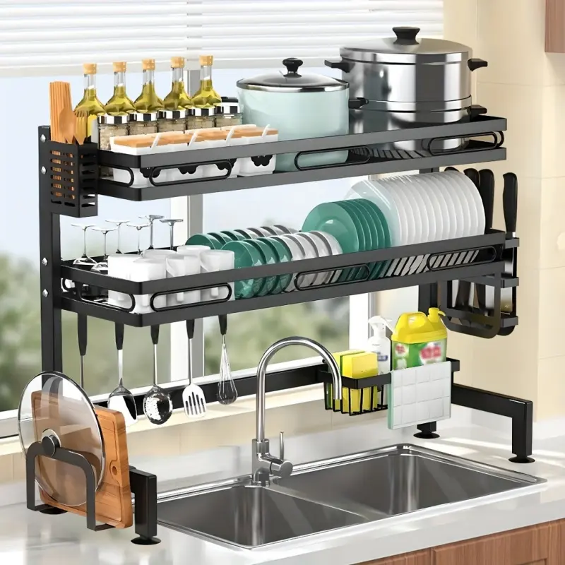 1 piece 2-layer carbon steel dishwasher rack - Countertop Dish Rack - multifunctional H-shaped kitchen storage rack with drain board, cutlery, and chopping board bracket - no drilling required for installation