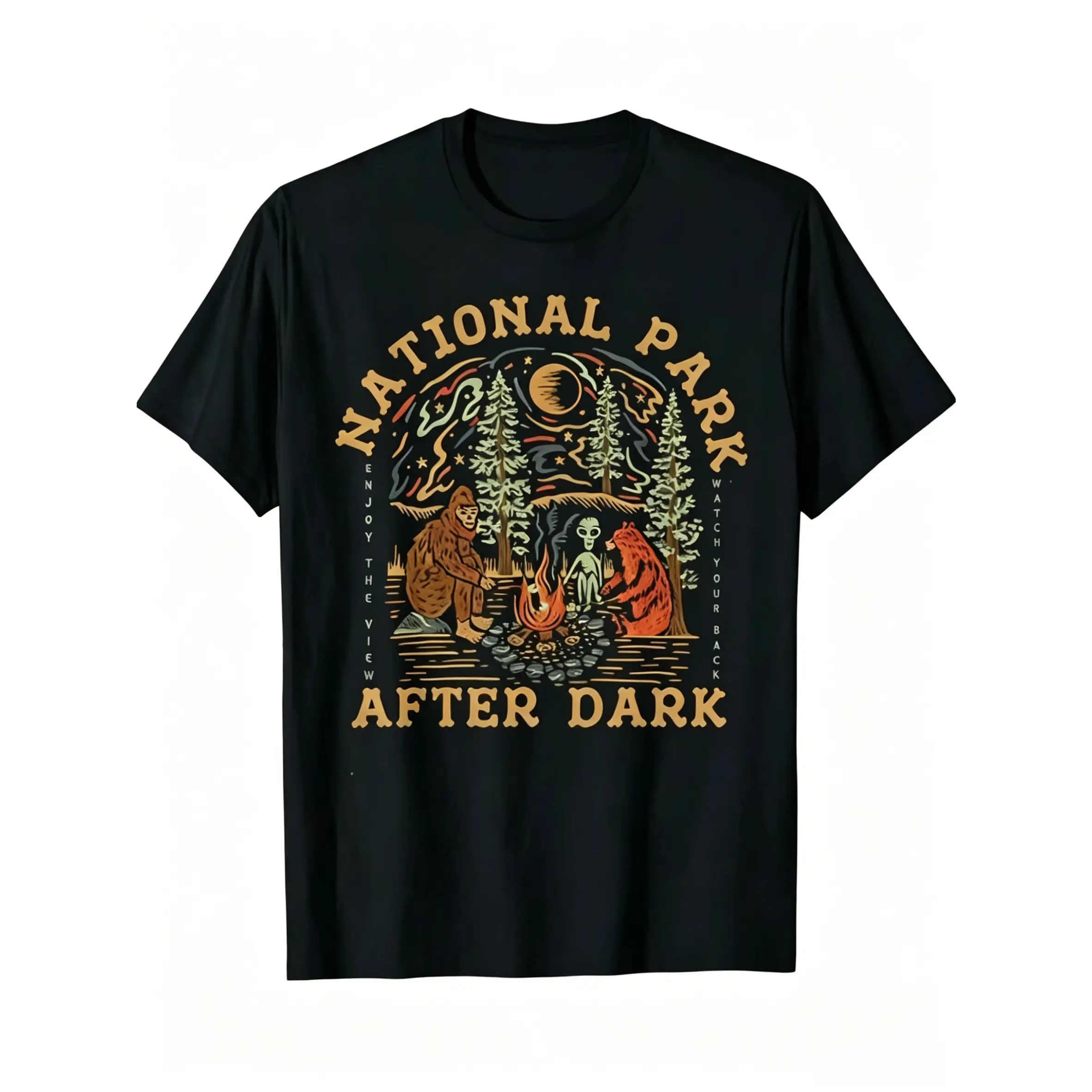 Retro National Park After Dark Graphic T-Shirt Vintage Campfire Bigfoot Alien Bear Forest Wilderness Print Casual Short Sleeve Tee Funny Cryptid Outdoor Adventure Apparel Gift For Camping Hiking Lovers Men Women