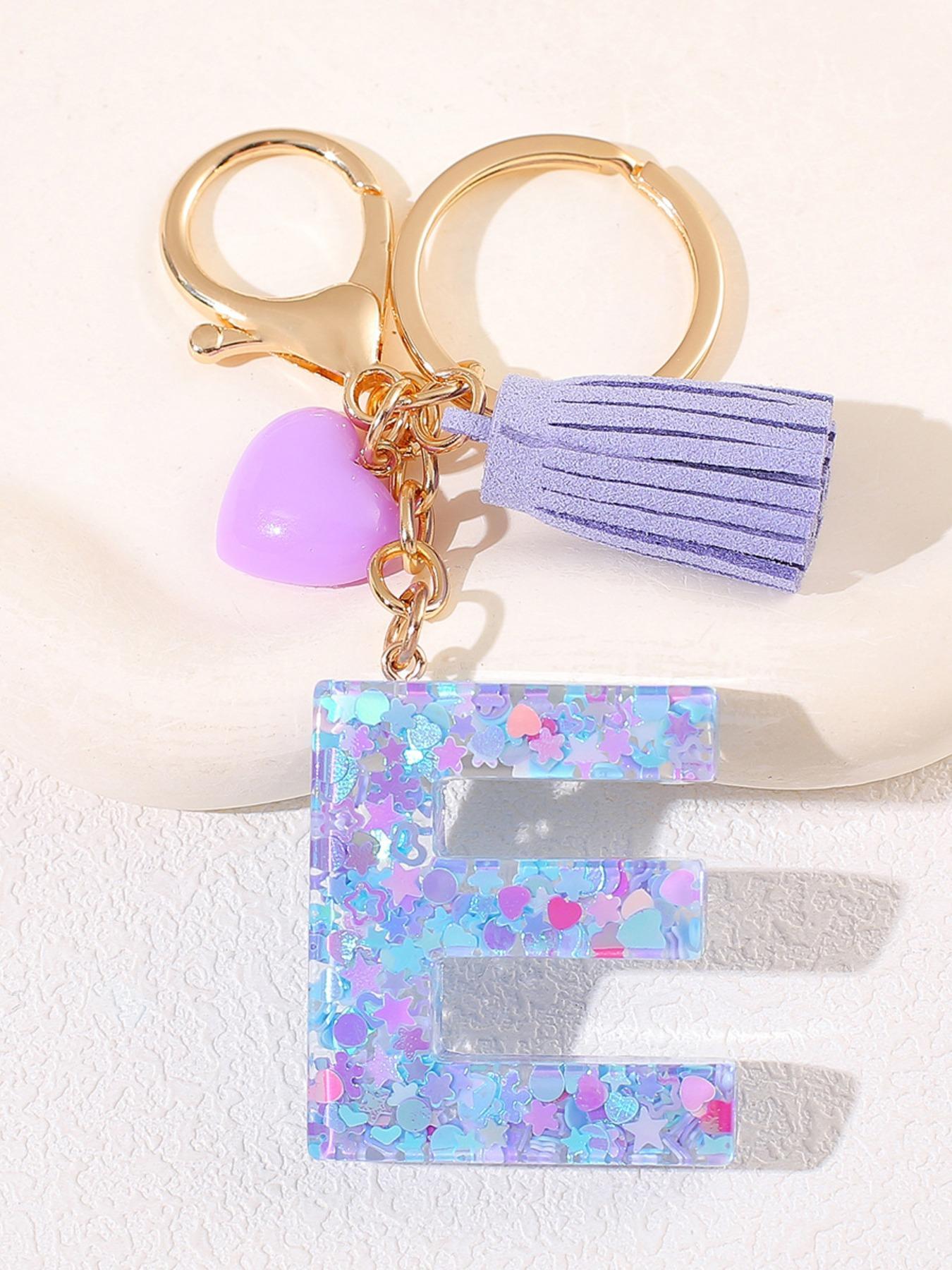 Initials Letter, Cute Heart Tassel Decor Resin Charm with Key Ring, Trendy Cute Keychain, Fashion Accessories for Women & Girls, Unique Gift Idea for Friends and Family