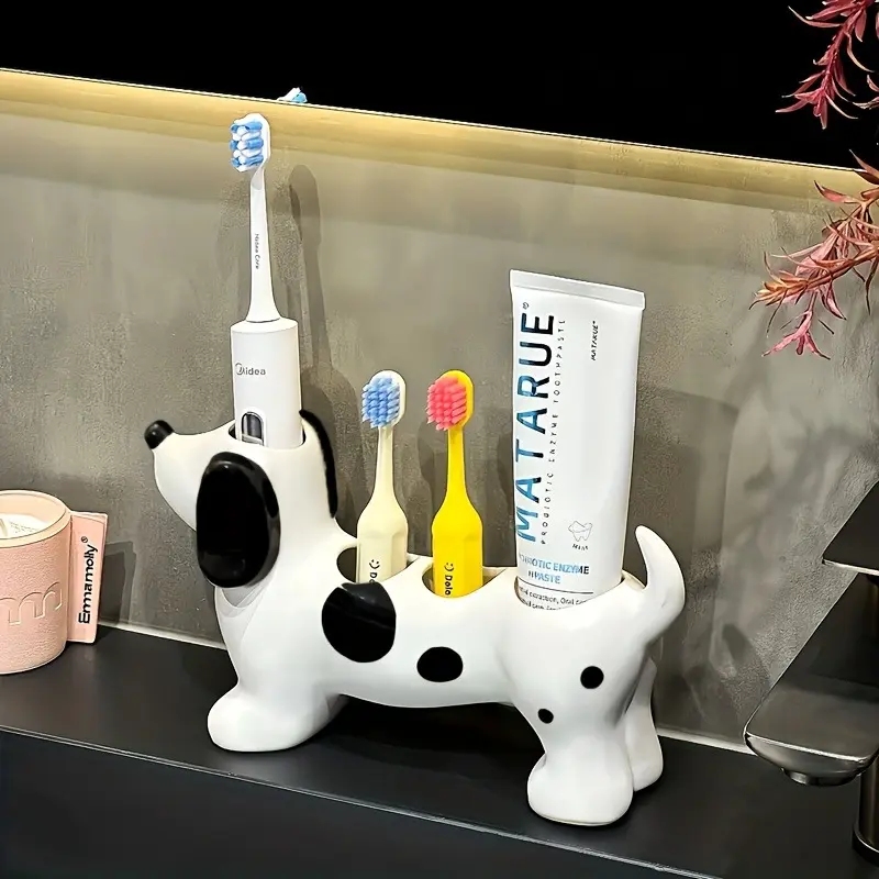 Creative funny cartoon animal spotted dachshund couple parent-child family toothbrush holder, bathroom washbasin toothbrush storage rack creative base, Valentine's Day gift storage rack, Toothbrush Holder Organizers
