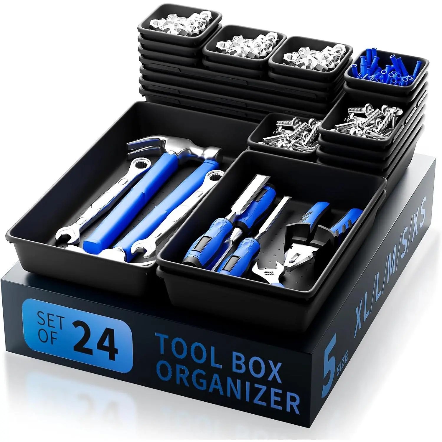 Tool Box Organizer Tray, 24 count & 5 Sizes, Black |  ABS Plastic, Interlocking Modular Design, Versatile  Organizer for Storing Tools Wrench Screwdrivers Hammer Nails