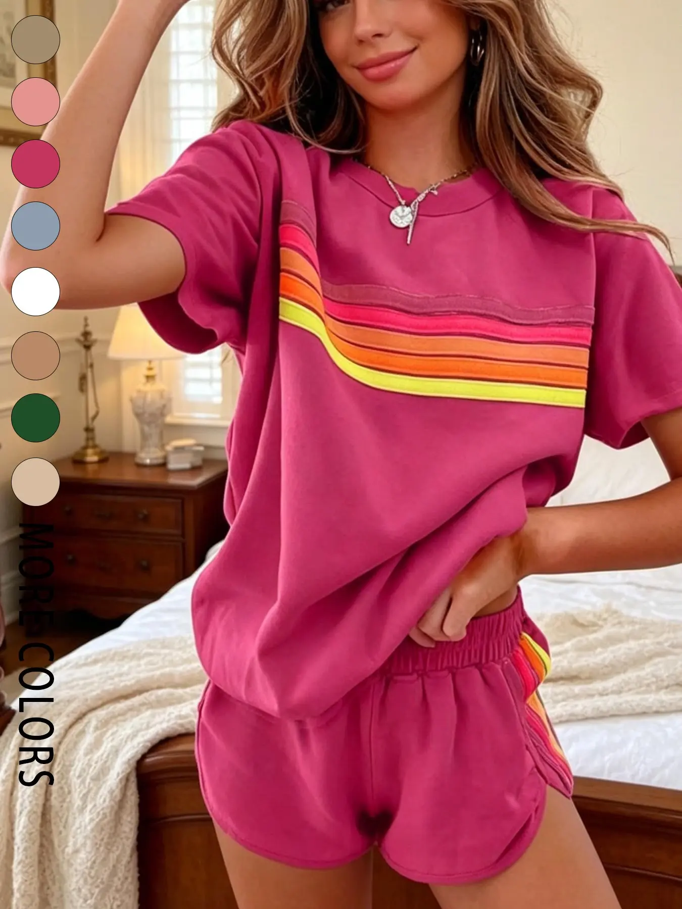 Ladies' fashion Casual two-piece set, loose and slimming rainbow stripe design, suitable for daily wear indoors during vacation commuting Clothes