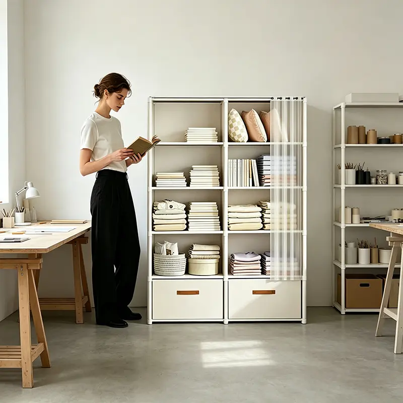 Large Capacity Storage Organizer, Book Storage Rack, Clothes Storage Wardrobe with Dust-Proof Display Cabinet And Sturdy Shelves, with Practical Hooks, Plastic Material, No Electricity Needed, for Office, Classroom, Rental Room And Dormitory