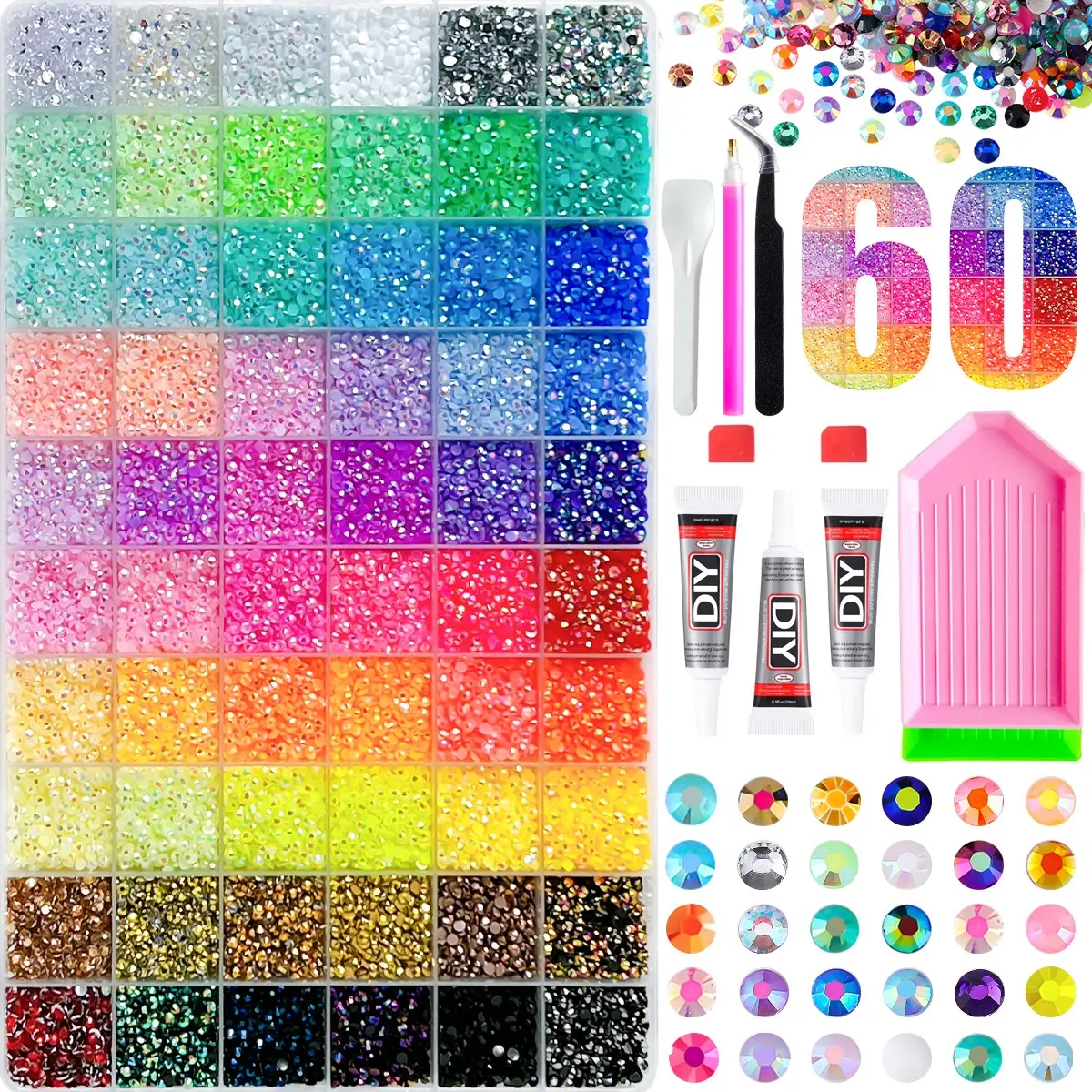 Rainbow Color Nail Art Kit, Complete DIY Tools Set, Includes Tweezers, Glue, Drill Pen, Perfect for Crafts, Clothing, Cups, Shoes, Fabric, Gifts,Bedazzling Kit 60 Colors Resin Jelly Rhinestones, - Christmas Birthday Gifts for Women