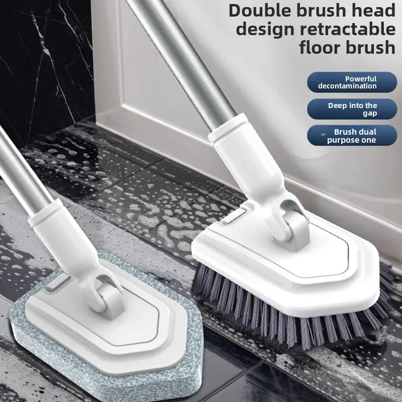 Cordless 2-in-1 Double-Headed Long-Handled Squeegee Brush Tool - Heavy-Duty Stiff Bristles for Floor Cleaning, Bathrooms, Gap Scrubbing