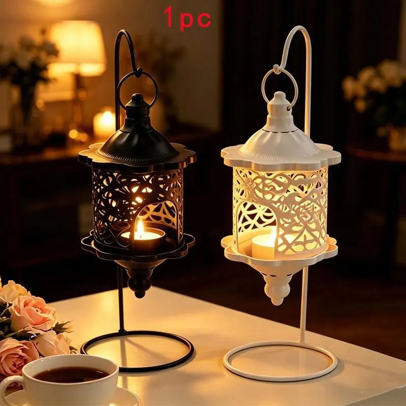 Moroccan Style Metal Lattice Projection Candle Holder, Vintage Hanging Lantern Set, Holiday Decor for Halloween, Valentine's Day, Thanksgiving, Christmas