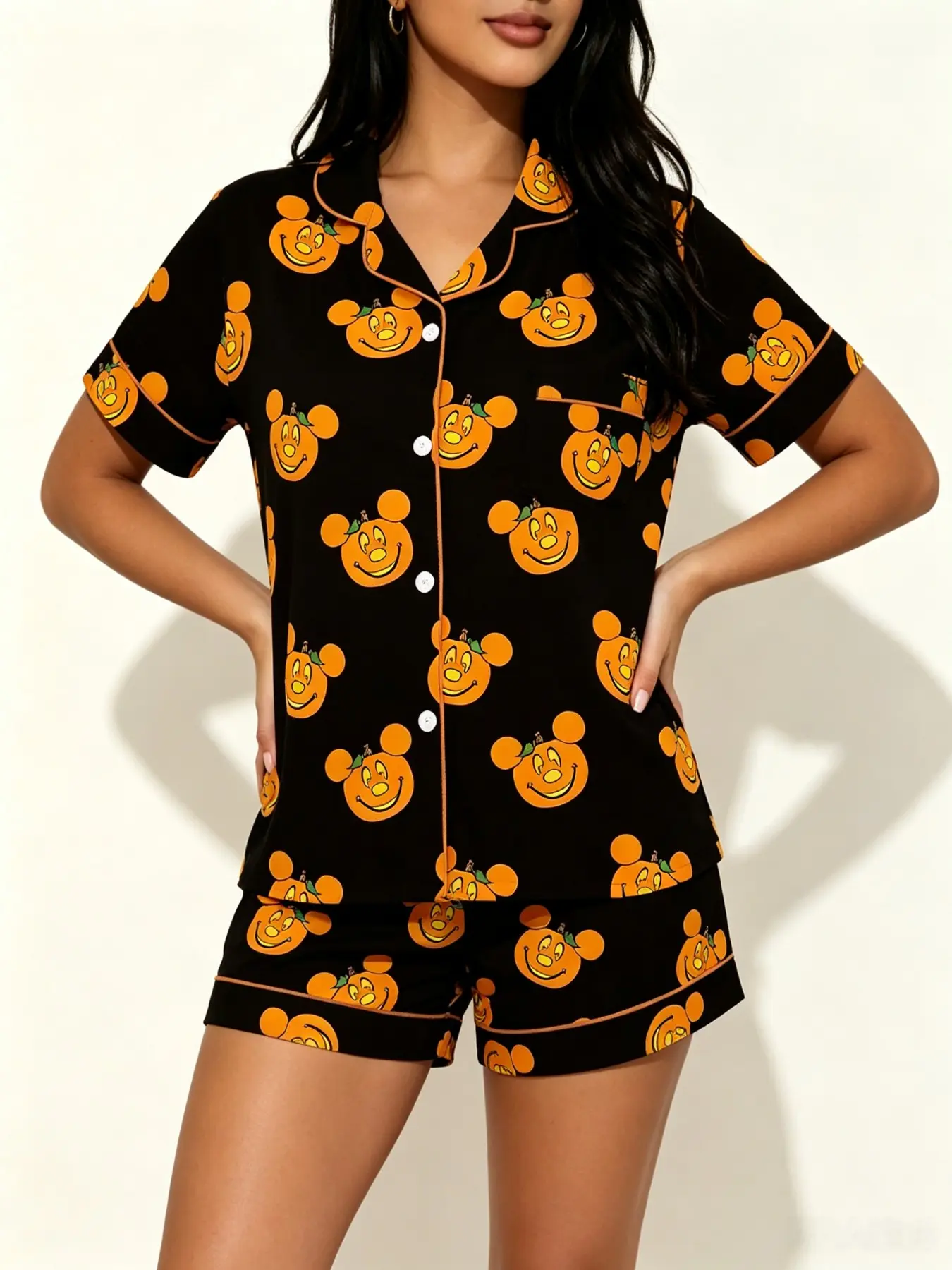 Teen Cute Cartoon Pumpkin Print Short Sleeve Pajama Set, Loungewear, Contrast Binding, Slim-Fitting, Breathable, Halloween Comfort Sleepwear