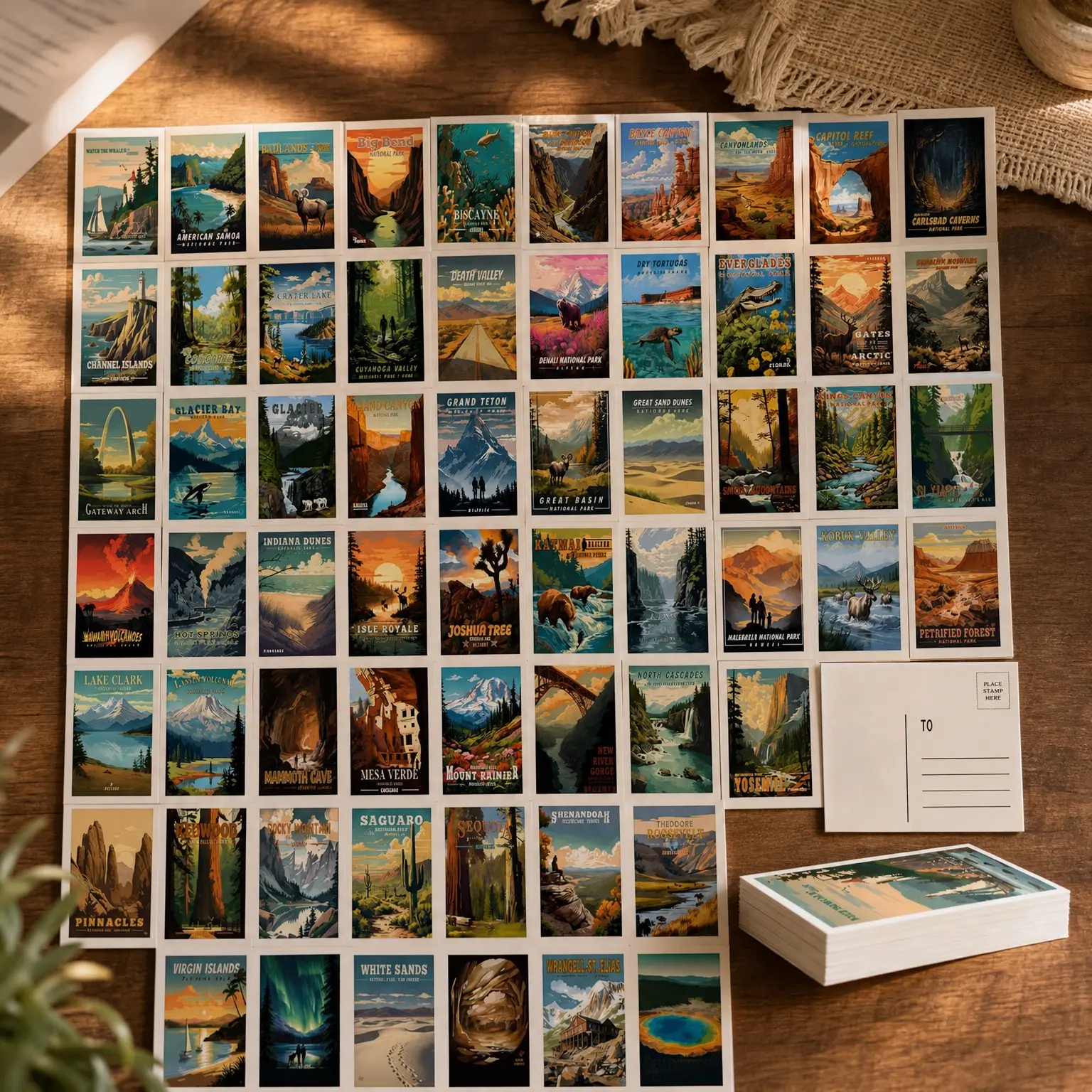 63 National Parks Postcards - Retro Travel Posters Wall Decor, 4x6 Abstract U.S. Park Illustrations, Glossy Front & Matte Back, Educational & CollectibleGift