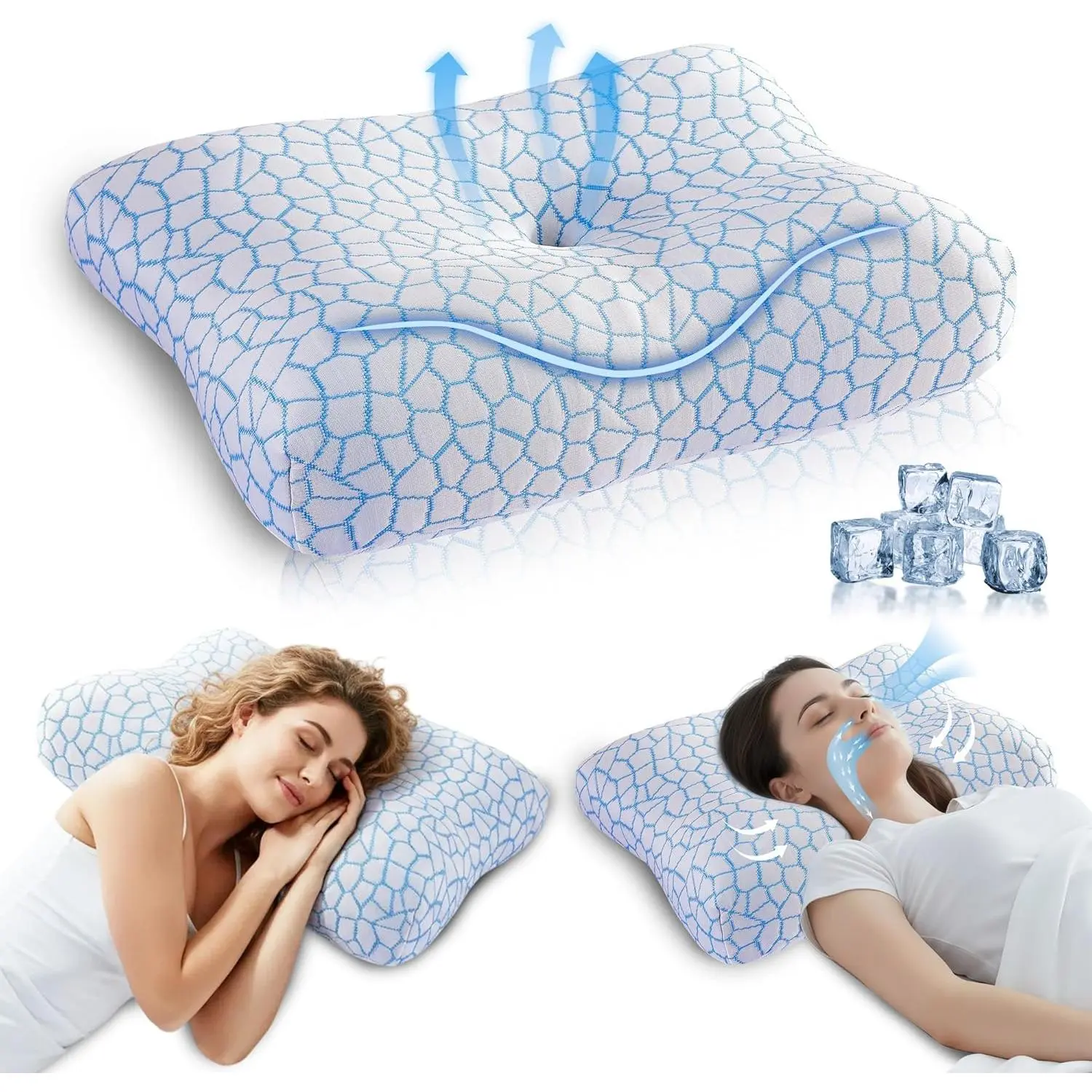 Queen Size Cooling Memory Foam Pillow for Neck and Shoulder Pain - Cervical, Dual-Design Orthopedic Ergonomic Pillow for Side, Back Sleepers