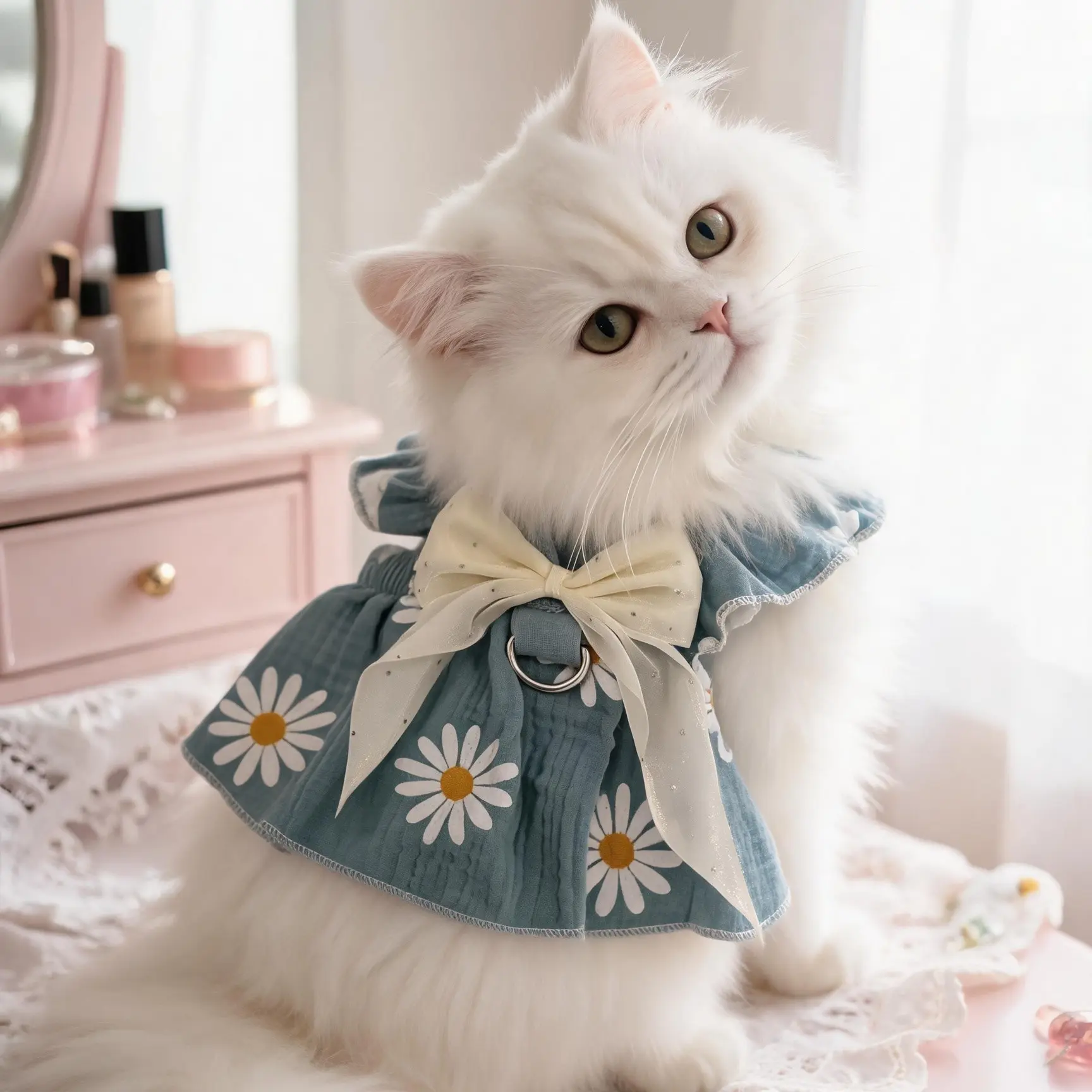 Fresh Daisy Pet Harness Dress, Ruffled Bubble Satin Bow Chest Strap, Teddy Bear Small Dog Cat Walk, Cute Pet Clothing, Puppy Clothes, Kitten Clothes