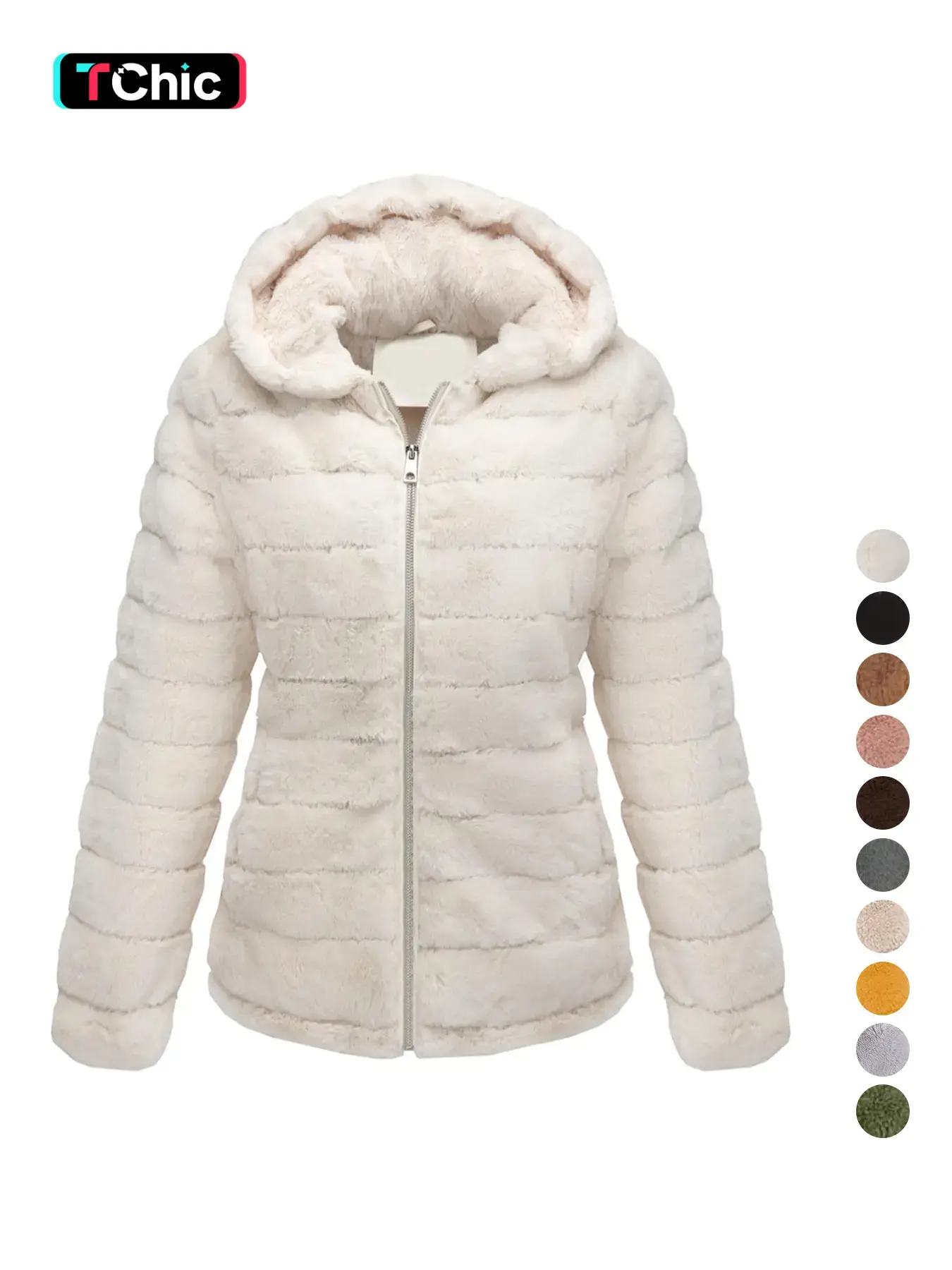 Women's Faux Fur Coat, Casual Chic Fall & Winter Woven Jacket, Thick Fabric Hooded Drawstring Pocket Design, Daily Wear Outerwear, Everyday