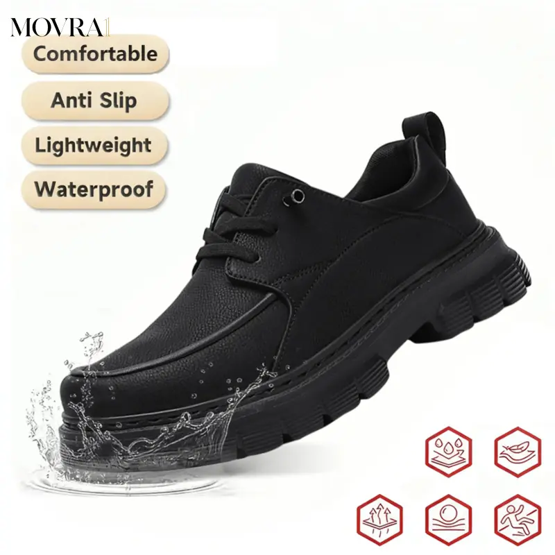 MOVRA1 Men’s Black Non-Waterproof Solid Leather Walking Shoes - Anti-Slip Casual Basic Footwear, Work & Out Shoes