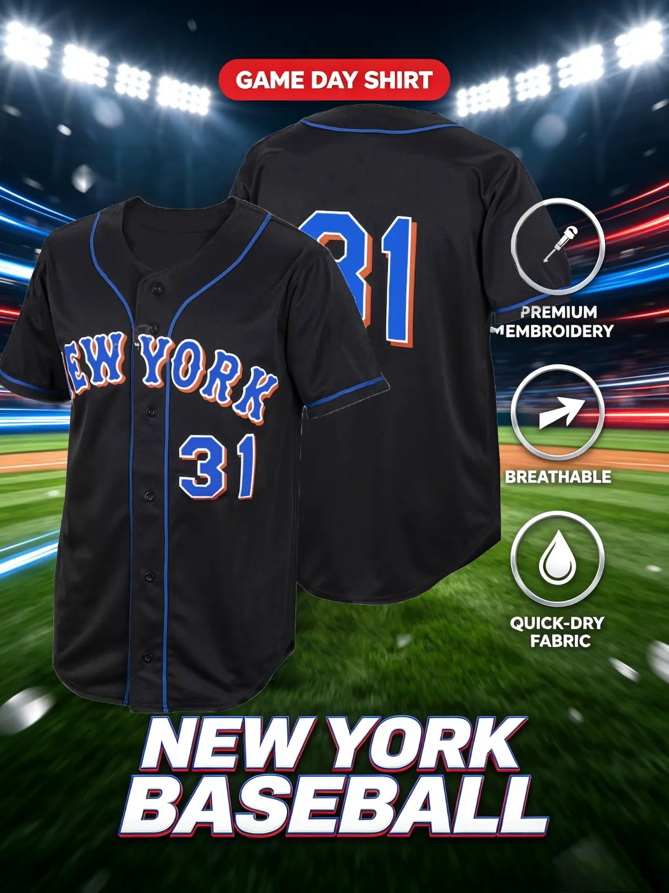 Men's Metropolitan # 31 # 12 baseball jerseys, New York Embroidered casual daily short sleeved sportswear, Casual Sporty Top, 100% polyester breathable fabric, suitable for casual and training activities