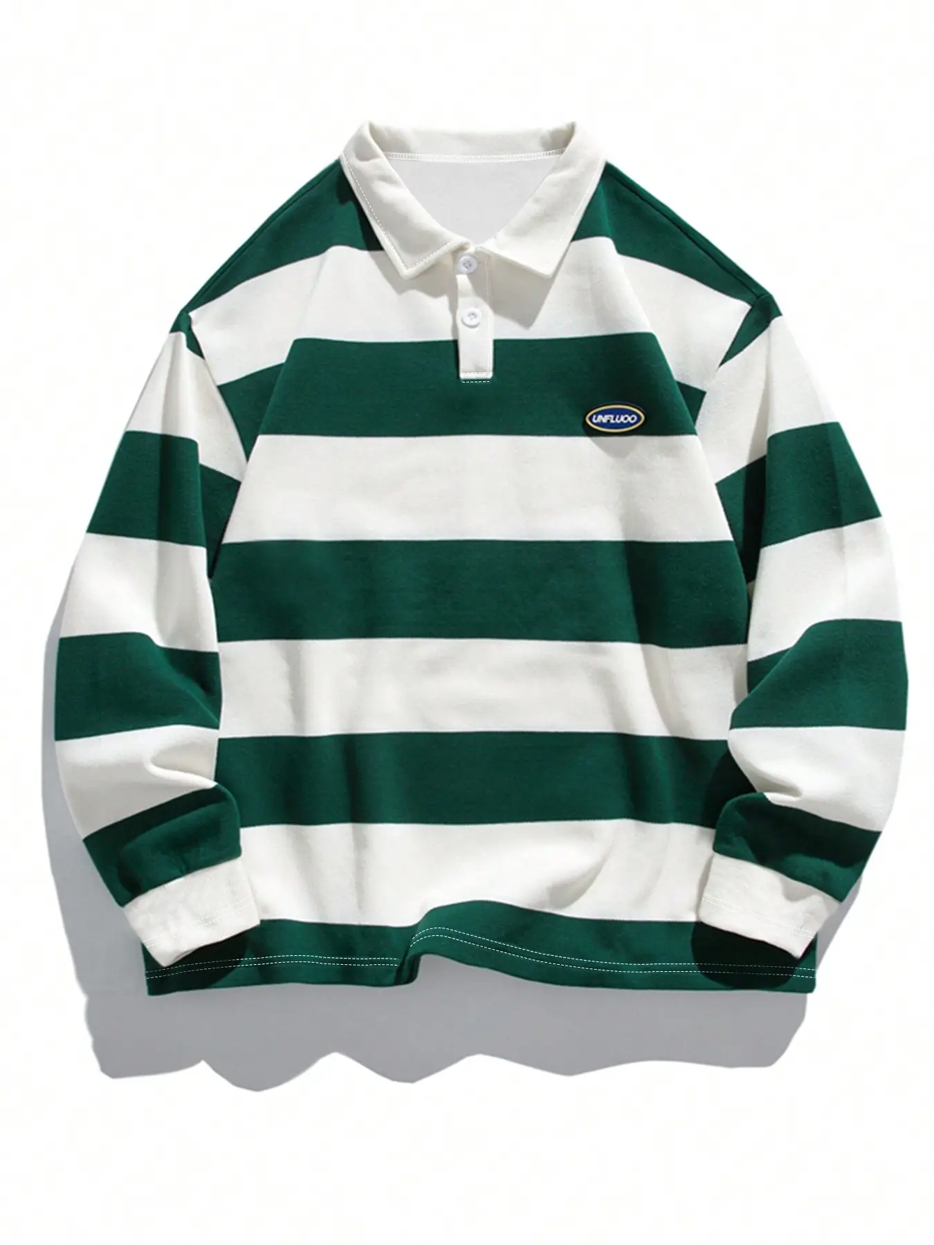 Men's Green‑White Wide Stripe Rugby Polo Shirt, Small Badge Detail Half‑Button Lapel Long Sleeve Loose Top, Vintage Retro Casual Jersey Tee, 2026 Trendy Streetwear Blouse for Daily Wear, Campus, Hangout, Urban Casual Fashion Outfits