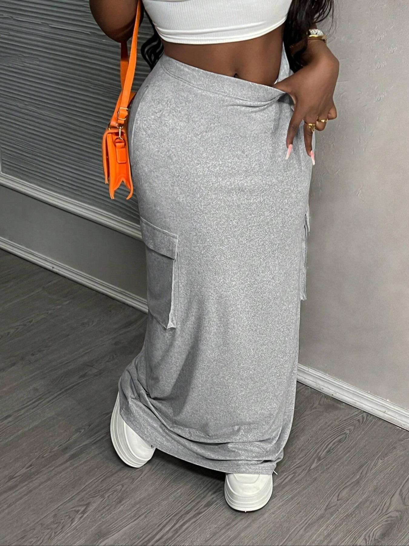 Women's casual high waist pocket hip straight long gray Fit skirt, suitable for street, daily leisure, outdoor activities, holidays, club parties, office wear