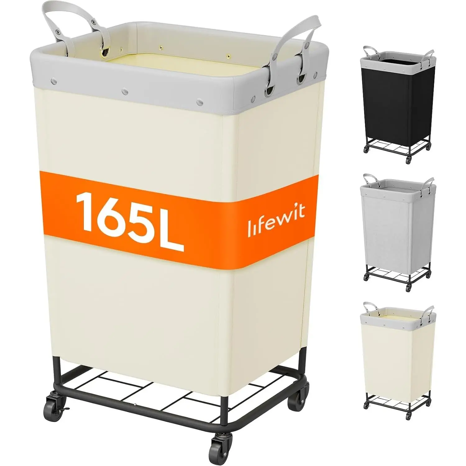 165L Laundry Basket with Wheels, Large Heavy Duty Commercial Rolling Laundry Hamper with Handles, Tall Steel Frame Laundry Cart for Laundry Room Bedroom Hotel Home Dorm, White